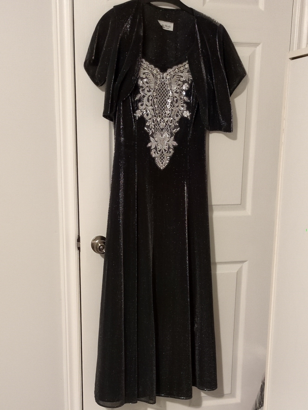 Sparkling Black Maxi Dress with Silver Embellished Bodice and Bolero